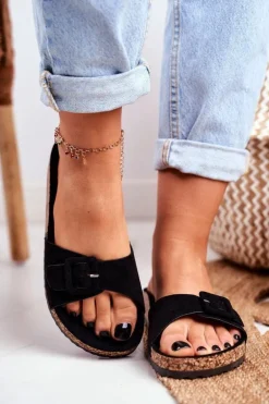 Damskie Klapki Sprzączka Regulacja Czarne Rosaline