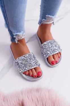 Damskie Klapki Srebrne Glamour