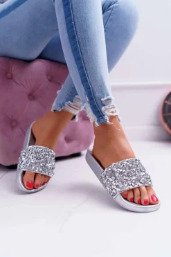 Damskie Klapki Srebrne Glamour