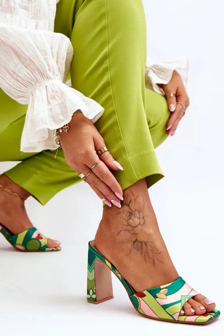 Damskie Klapki We Wzory Na Obcasie Zielone Adelise