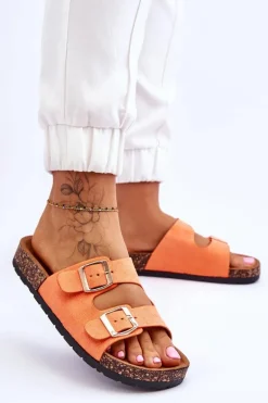 Damskie Klapki Wsuwane Na Korkowej Podeszwie Pomarańczowe Cortina