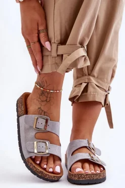 Damskie Klapki Wsuwane Na Korkowej Podeszwie Szare Cortina