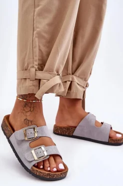 Damskie Klapki Wsuwane Na Korkowej Podeszwie Szare Cortina