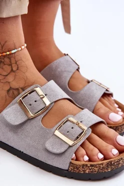 Damskie Klapki Wsuwane Na Korkowej Podeszwie Szare Cortina