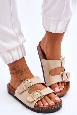 Damskie Klapki Wsuwane Na Korkowej Podeszwie Beżowe Cortina