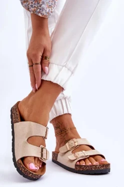 Damskie Klapki Wsuwane Na Korkowej Podeszwie Beżowe Cortina