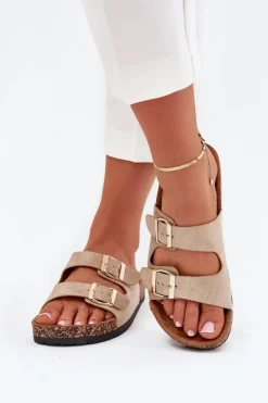 Damskie Klapki Wsuwane Na Korkowej Podeszwie Złote Cortina