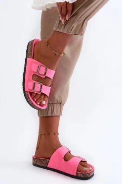 Damskie Klapki Wsuwane Na Korkowej Podeszwie Neonowy Róż Cortina