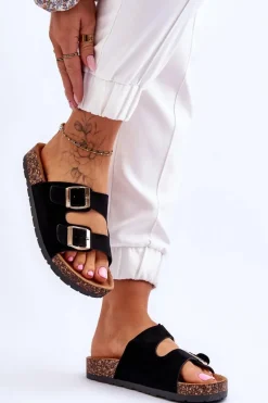 Damskie Klapki Wsuwane Na Korkowej Podeszwie Czarne Cortina