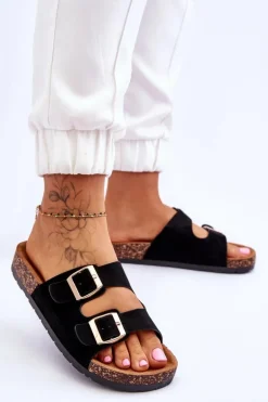 Damskie Klapki Wsuwane Na Korkowej Podeszwie Czarne Cortina