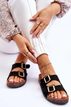 Damskie Klapki Wsuwane Na Korkowej Podeszwie Czarne Cortina