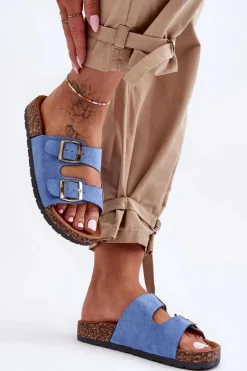 Damskie Klapki Wsuwane Na Korkowej Podeszwie Niebieskie Cortina