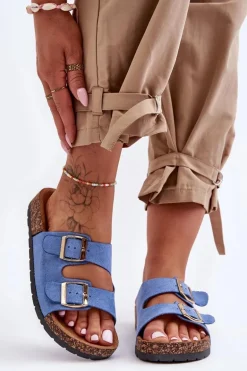 Damskie Klapki Wsuwane Na Korkowej Podeszwie Niebieskie Cortina