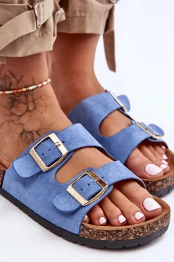 Damskie Klapki Wsuwane Na Korkowej Podeszwie Niebieskie Cortina