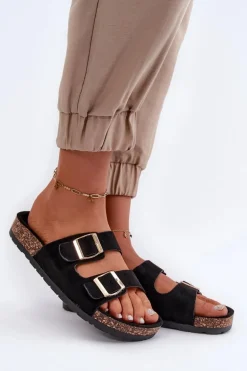 Damskie Klapki Wsuwane Na Korkowej Podeszwie Czarne Cortina