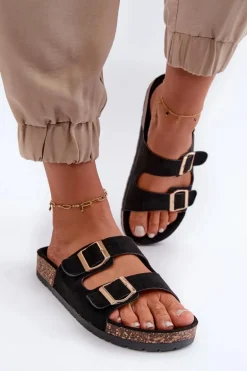 Damskie Klapki Wsuwane Na Korkowej Podeszwie Czarne Cortina