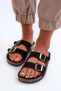 Damskie Klapki Wsuwane Na Korkowej Podeszwie Czarne Cortina