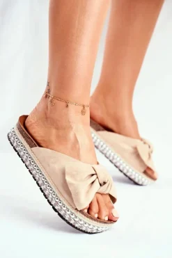 Damskie Klapki Wysokie Beżowe Mortigo