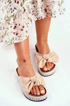 Damskie Klapki Wysokie Beżowe Mortigo