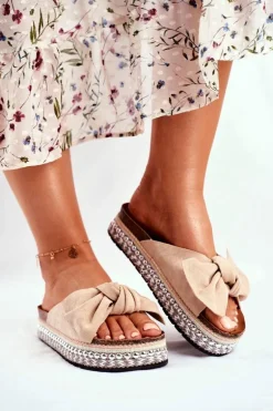 Damskie Klapki Wysokie Beżowe Mortigo