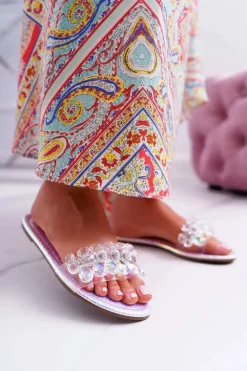 Damskie Klapki Z Cyrkoniami Lu Boo Benzynowe Srebrne Mediana