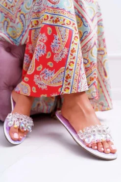 Damskie Klapki Z Cyrkoniami Lu Boo Benzynowe Srebrne Mediana