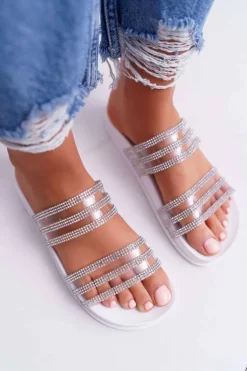 Damskie Klapki Z Cyrkoniami Białe Larena