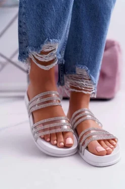 Damskie Klapki Z Cyrkoniami Białe Larena