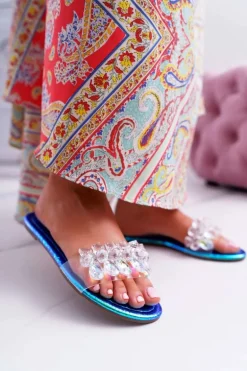 Damskie Klapki Z Cyrkoniami Lu Boo Benzynowe Niebieskie Mediana