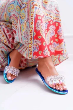 Damskie Klapki Z Cyrkoniami Lu Boo Benzynowe Niebieskie Mediana