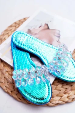 Damskie Klapki Z Cyrkoniami Lu Boo Benzynowe Niebieskie Mediana