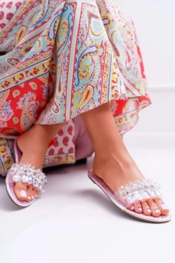 Damskie Klapki Z Cyrkoniami Lu Boo Benzynowe Różowe Mediana