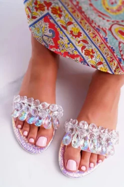 Damskie Klapki Z Cyrkoniami Lu Boo Benzynowe Różowe Mediana