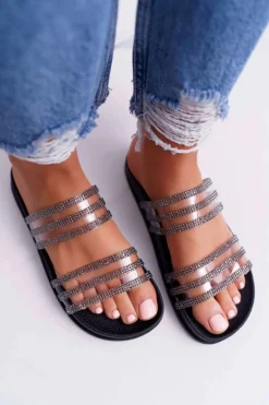 Damskie Klapki Z Cyrkoniami Czarne Larena