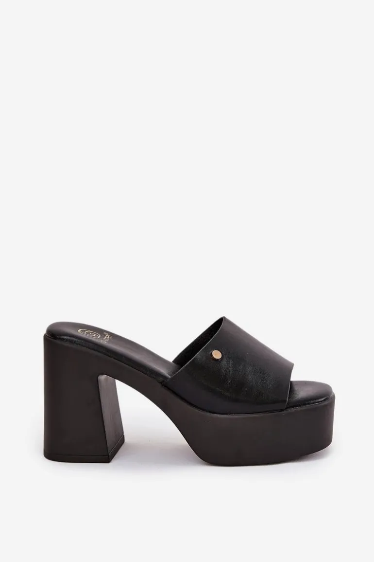 Damskie Klapki Z Eko Skóry Na Słupku I Platformie Czarne Tamirella