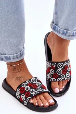 Damskie Klapki Z Emotikonami Czarne Cosette