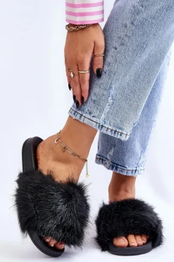 Damskie Klapki Z Futerkiem Czarne Kennet