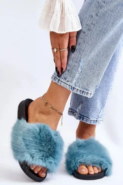 Damskie Klapki Z Futerkiem Turkusowe Kennet