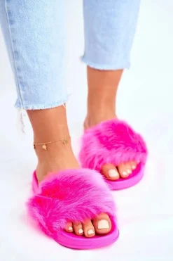 Damskie Klapki Z Futerkiem Neon Fuksja Fur