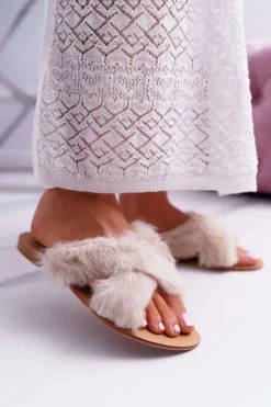 Damskie Klapki Z Futerkiem Lu Boo Ecru