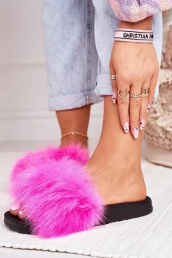 Damskie Klapki z Futerkiem Fuksja Belmondo