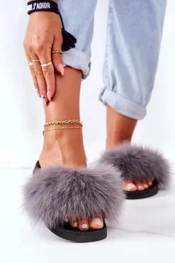 Damskie Klapki z Futerkiem Ciemnoszare Belmondo