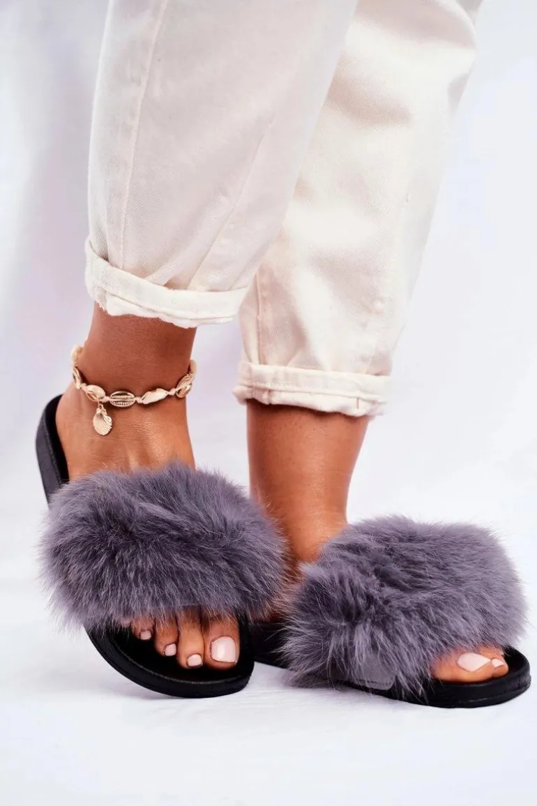 Damskie Klapki z Futerkiem Szare Belmondo