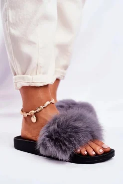 Damskie Klapki z Futerkiem Szare Belmondo