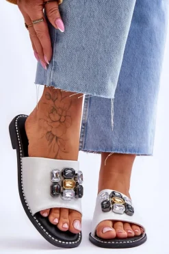 Damskie Klapki Z Kamieniami S.Barski KV-2775-31 Biało-Srebrne