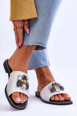 Damskie Klapki Z Kamieniami S.Barski KV-2775-31 Biało-Srebrne