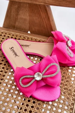 Damskie Klapki Z Kokardą I Cyrkoniami Fuksja Jolene