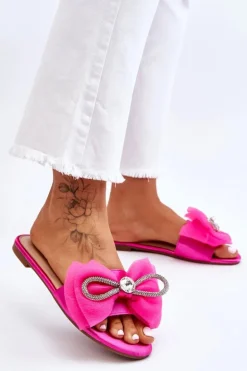 Damskie Klapki Z Kokardą I Cyrkoniami Fuksja Jolene