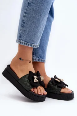 Damskie Klapki Z Kokardą i Misiem Czarne Katterina