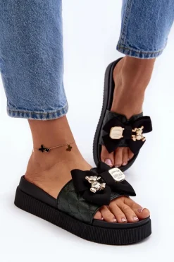 Damskie Klapki Z Kokardą i Misiem Czarne Katterina